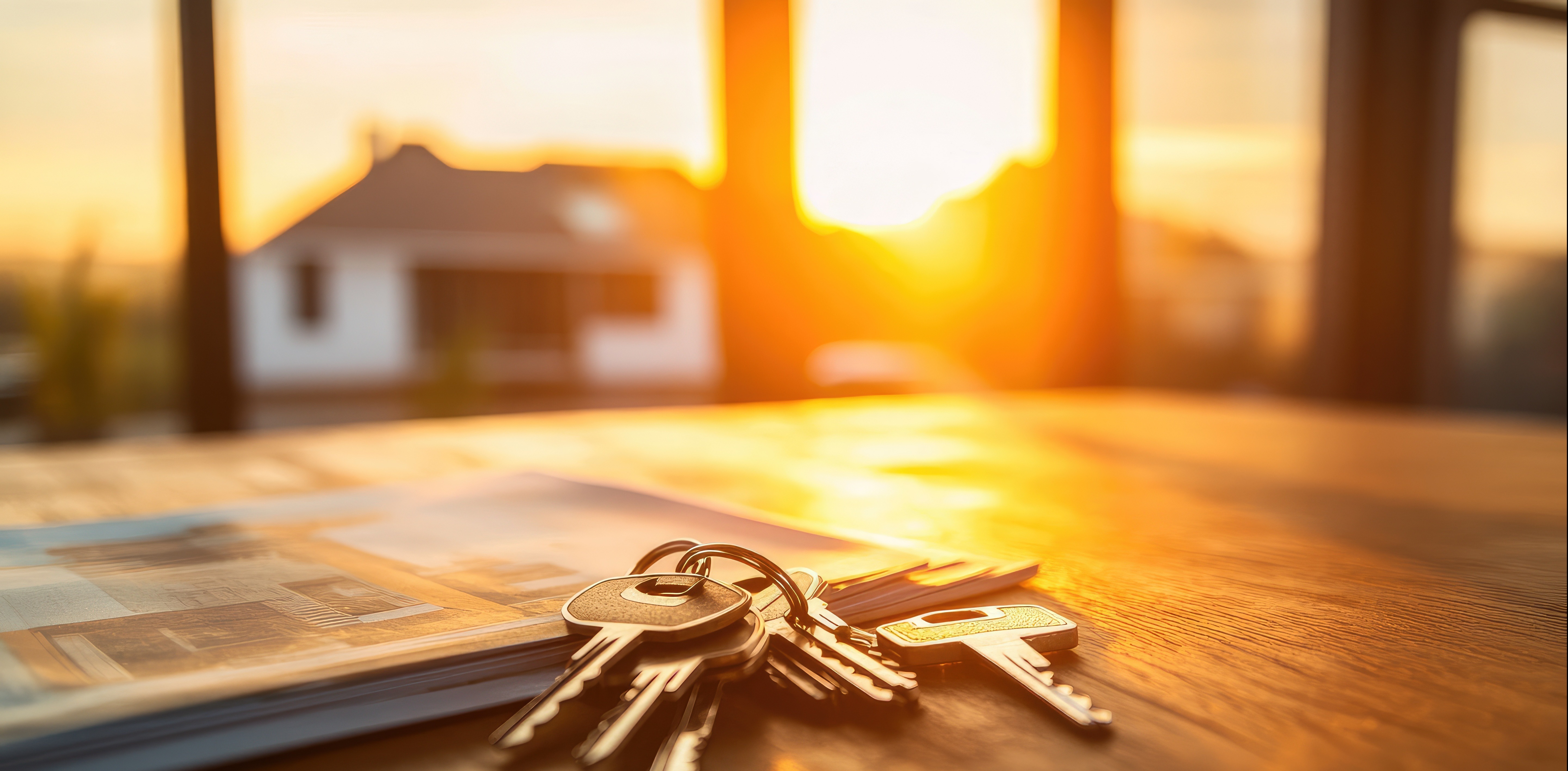 a close image of keys laying on the table with the sun shining through the windows