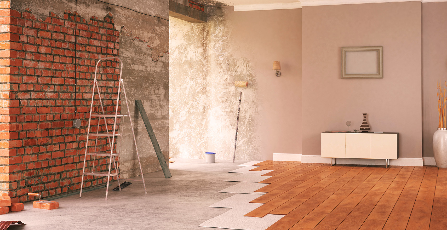 an old living room halfway through renovation