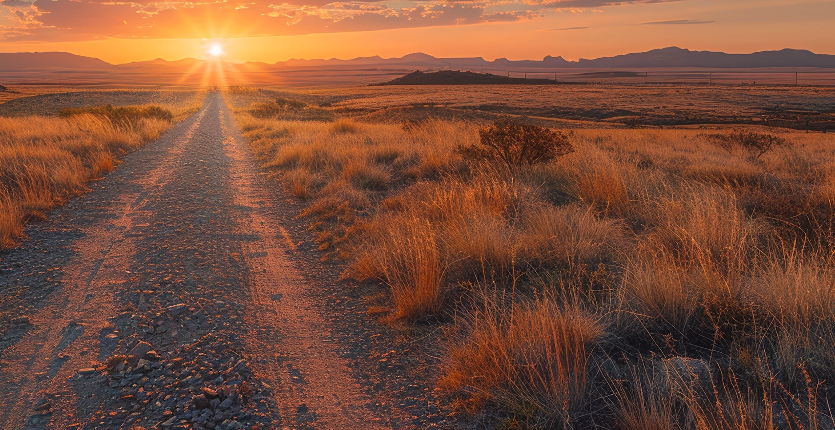 Open field with a dirt road and orange sunset